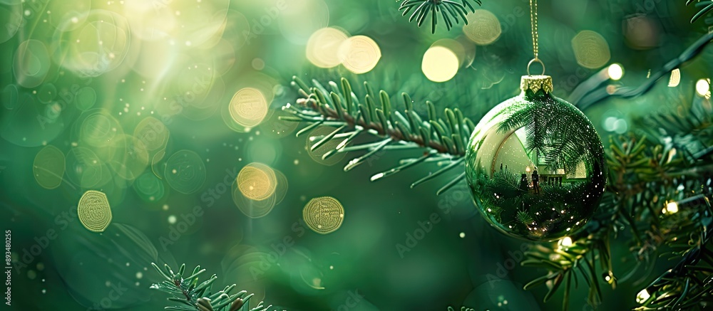 Poster closeup of a christmas ball hanging on a fir tree with a green background blurred lights and ample c