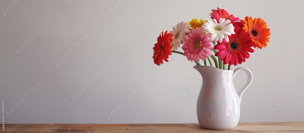 Poster gerbera flowers in a pitcher on a wooden table with a white background creating a striking copy spac