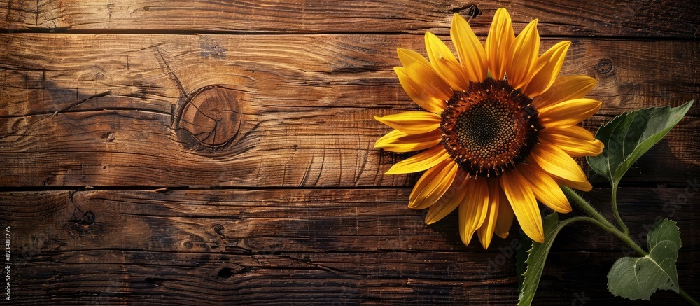 Poster sunflower on a wooden backdrop with copy space image