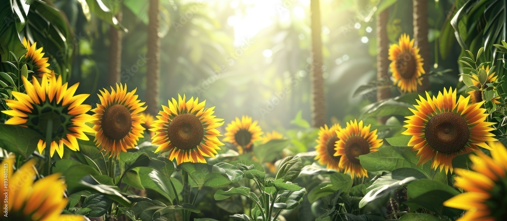 Poster Sunflowers displayed against a lush garden backdrop creating a serene copy space image