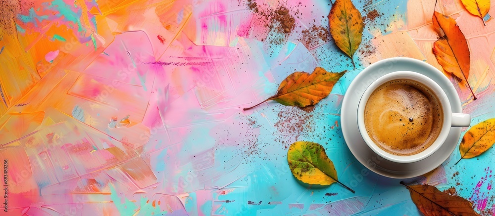 Poster Autumn leaves surrounding a cup of coffee on a colorful background with a vast copy space image