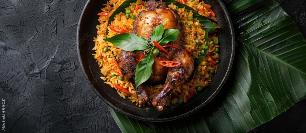 Aufkleber traditional indonesian food roasted rice with chicken cooked in banana leaves on a black background 