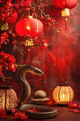 Fototapeta premium snake and Chinese lanterns. selective focus