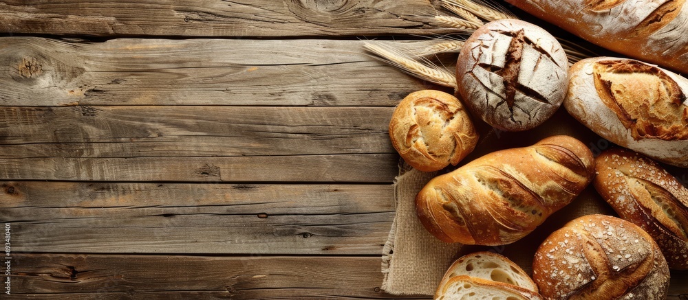 Aufkleber various types of freshly baked bread on a rustic wooden table with copy space image