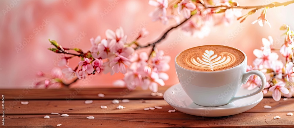 Poster coffee cup adorned with latte art on a wooden table against a backdrop of sakura or cherry blossoms 