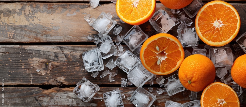 Poster oranges and ice chunks arranged on a wooden surface with copy space image