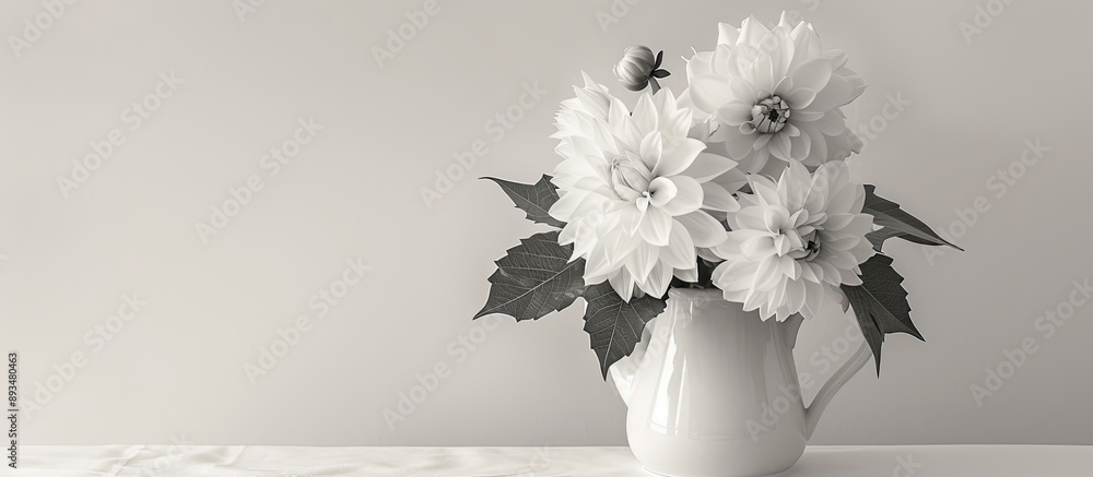 Poster monochrome image of a vintage jug with white dahlia flowers against a white backdrop providing ample