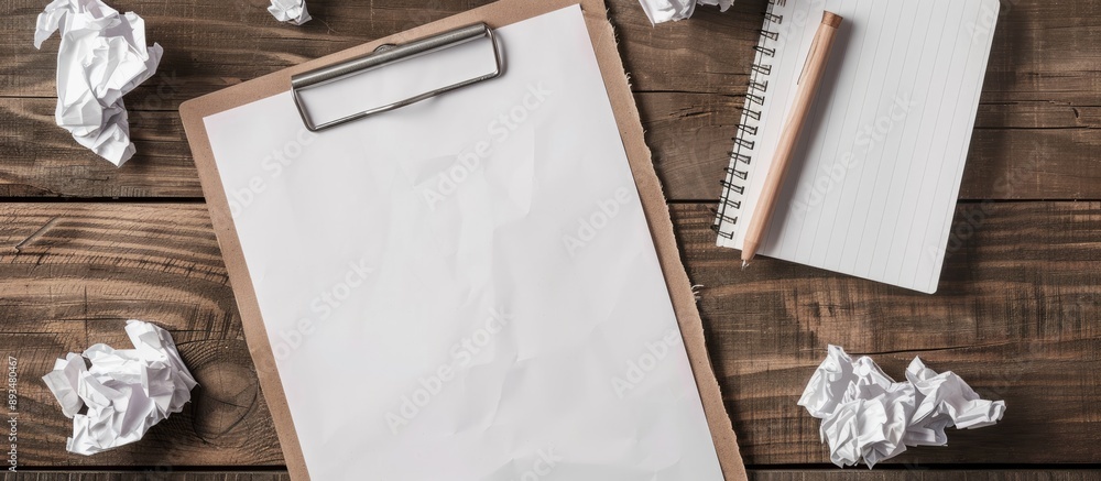 Poster business template mock up featuring a blank clipboard with crumpled paper and a notebook for adding 