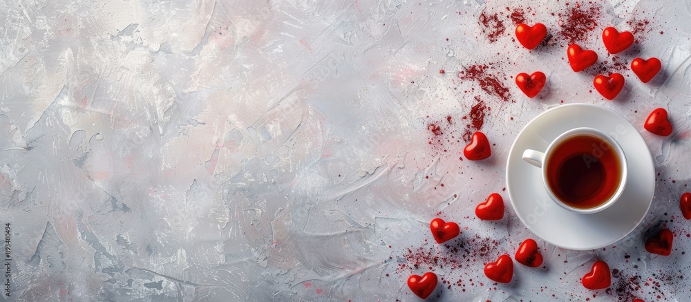 Poster top view horizontal composition with heart shaped candies a cup of tea and a romantic vibe perfect f