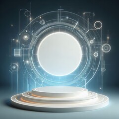 Obraz premium Podium background 3D light tech stage future platform game abstract. Podium 3D background technology room product circle glow effect portal stand studio scene white design ring modern display space. 