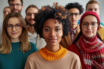Obraz premium A diverse group of young professionals, including a woman with curly hair in the foreground, posing confidently and smiling at the camera in a modern office setting.