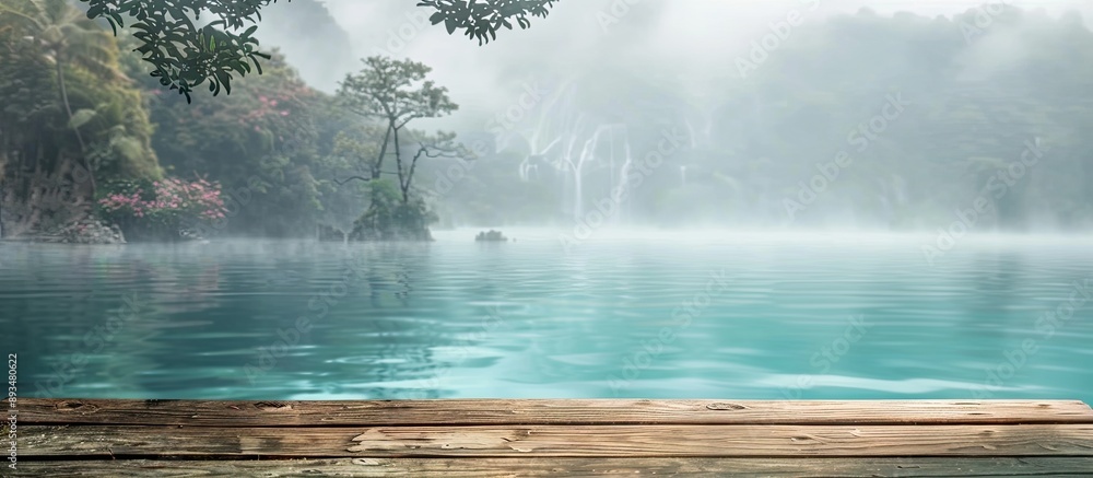 Aufkleber Display shelf made of wood against a serene background of blurry turquoise lake and misty landscape ideal for a copy space image