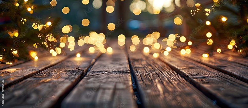 Poster Wooden planks adorned with Christmas lights create a festive ambiance with a blurred background and ample space for additional elements in the image