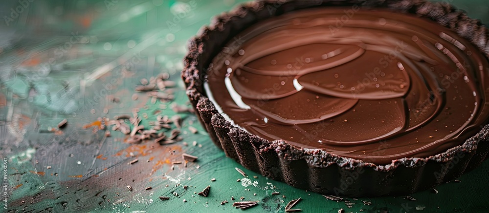 Poster homemade chocolate tart with a dark cocoa crust and a luscious chocolate cream filling on a green ta
