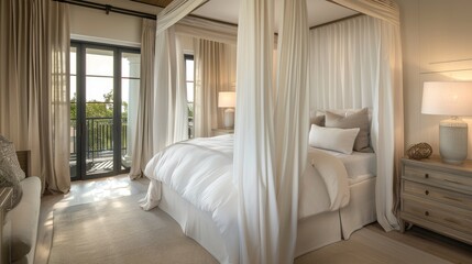 A serene transitional bedroom with a canopy bed