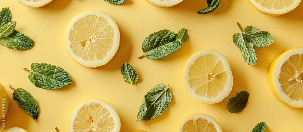 Poster Flat lay with a refreshing arrangement of mint and lemon slices on a yellow backdrop providing ample copy space for text