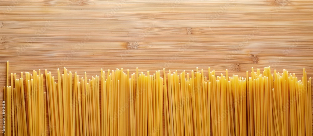Poster italian food concept with spaghetti and pasta cooking ingredients on a bamboo backdrop creating a fl