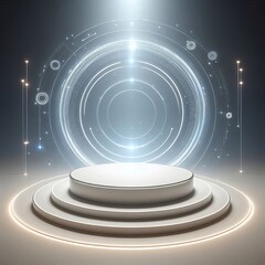 Fototapeta premium Podium background 3D light tech stage future platform game abstract. Podium 3D background technology room product circle glow effect portal stand studio scene white design ring modern display space. 