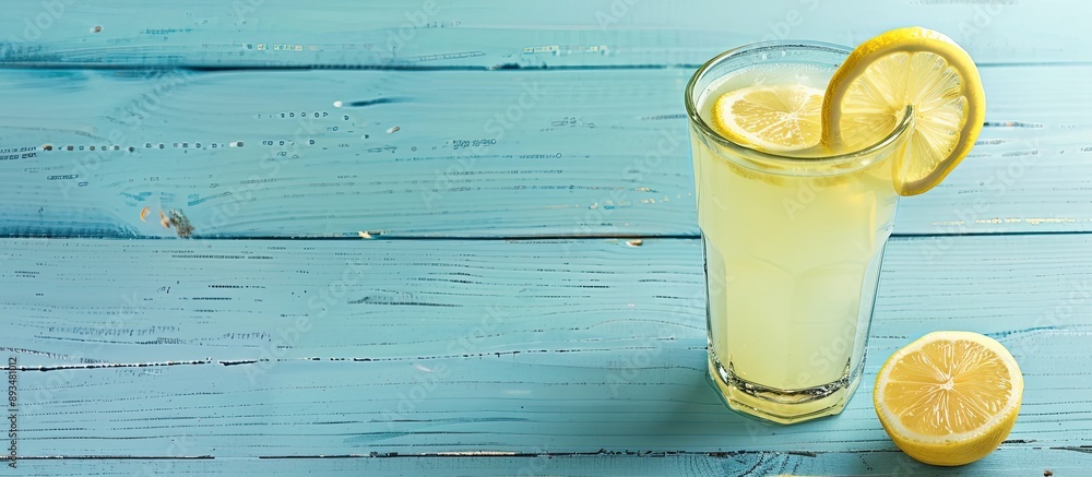 Poster glass of lemonade placed on a light blue wooden table with a blank space for images. copy space avai