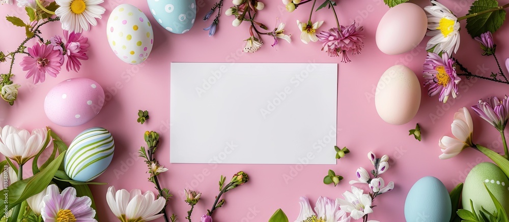 Aufkleber easter themed arrangement with a blank card colorful eggs and blooming flowers on a soft pink backdr