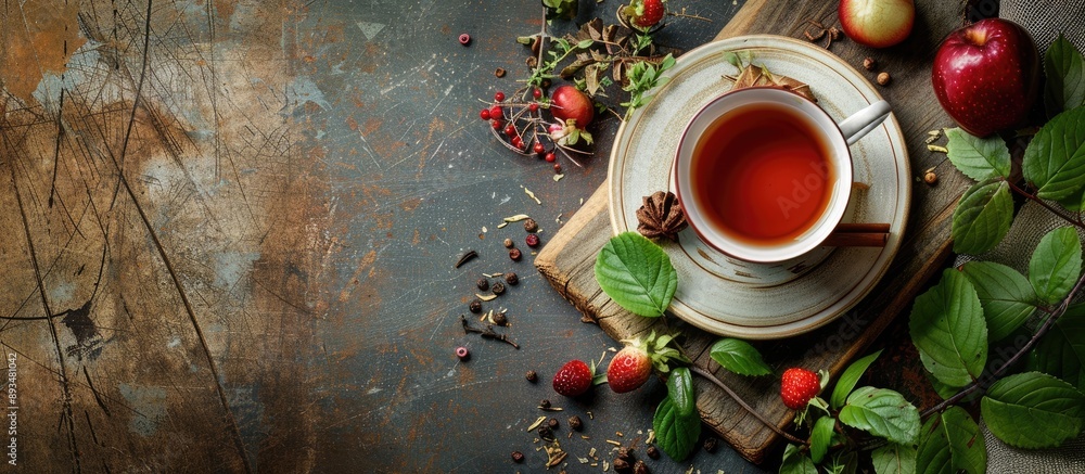 Poster organic food border with a tea cup on a rustic background with copy space image