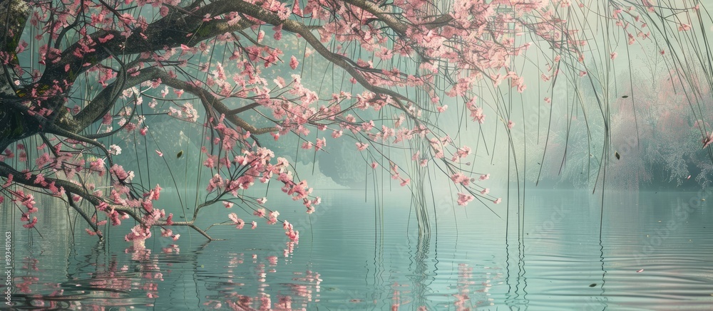 Aufkleber Pink sakura blossoms and willow branches create a serene scene with a copy space image