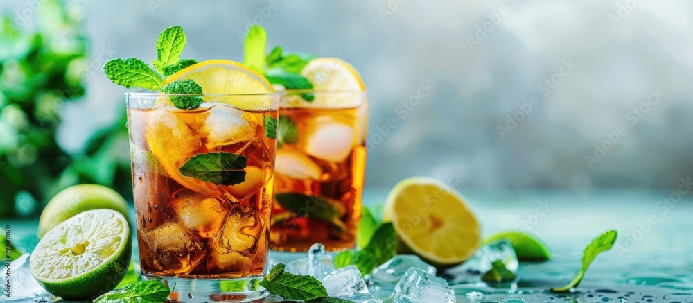 Poster refreshing iced tea garnished with lemon lime and mint perfect for a sunny day s copy space image