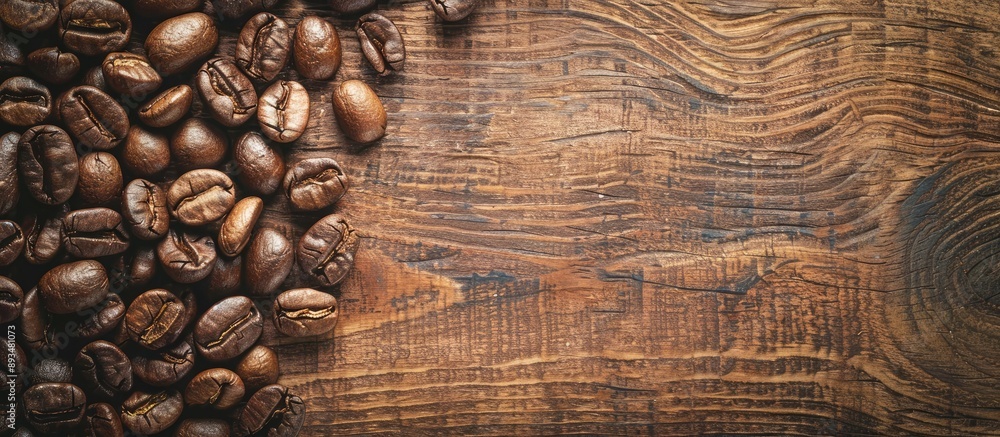 Poster a vintage toned top view photo of roasted coffee beans on a rustic background with blank copy space