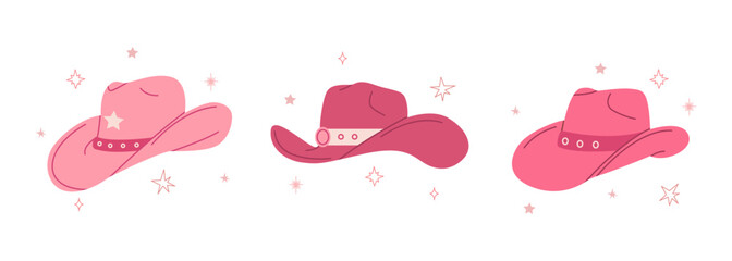 Cowgirl pink hats set. Flat hand drawn vector illustration. Cowboy Western and Wild West concept