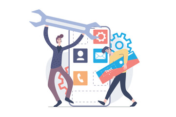App development concept in modern flat design for web. Designer team programming and engineering mobile interface, placing content at mockup, make settings and building page. Vector illustration.
