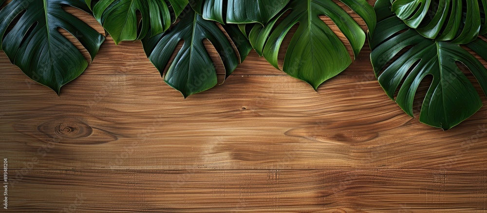 Poster Top down view of Monstera leaves on a wooden surface in a summery setting with space for additional elements in the image