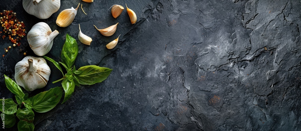 Poster A health conscious meal displayed on a stone or slate surface featuring garlic cloves and a bulb shot from above with ample copy space image