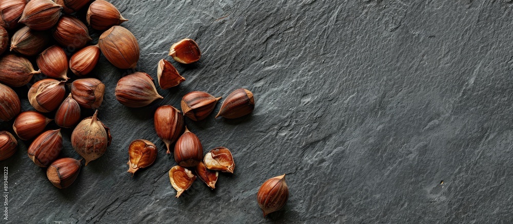Poster Chestnuts roasted on a slate backdrop with ample copy space image
