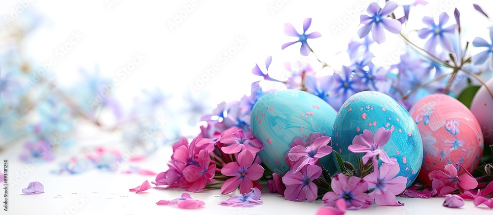 Poster colorful easter eggs and phlox flowers on a white background with a copy space image for creating bo