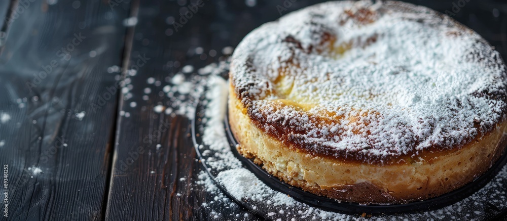 Poster close up of a cheesecake with powdered sugar resting on a dark wooden table with copy space image