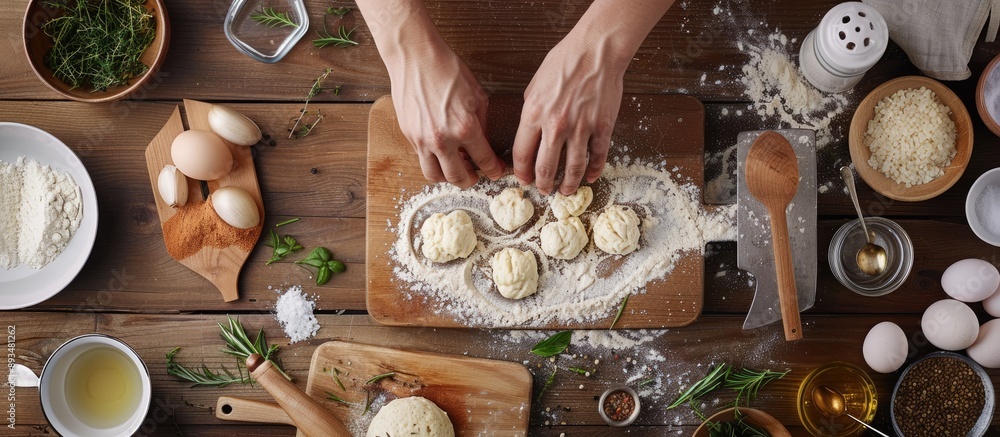 Poster creating a dish for baking in the oven at a kitchen workstation with spices salt and herbs on a cutt