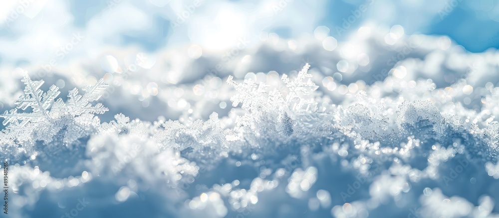 Poster Detailed closeup of large snowflakes on fresh clean snow set against a frosty day with a blue sky in the background ideal for a winter pattern with copy space image