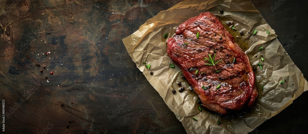 Aufkleber Beef steak placed on parchment paper against a dark background with copy space image available