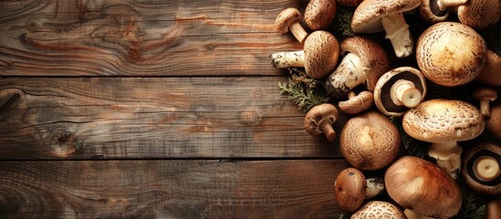Assorted gourmet porcini and boletus mushrooms displayed on an old wooden plank background with ample copy space image