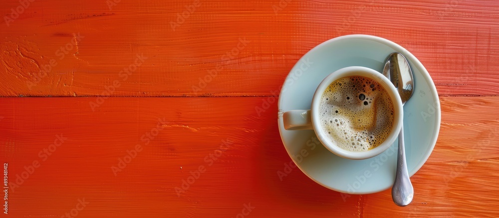 Poster orange table with a small porcelain coffee cup frothy foam and a spoon offering copy space image wel