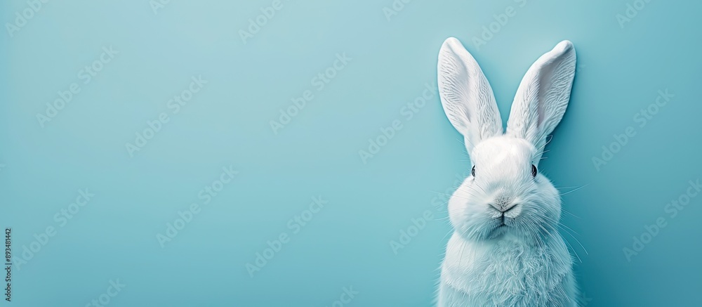 Poster Top view of a creative Easter bunny on a minimalist flat lay with pastel colors over a blue background with text providing copy space image