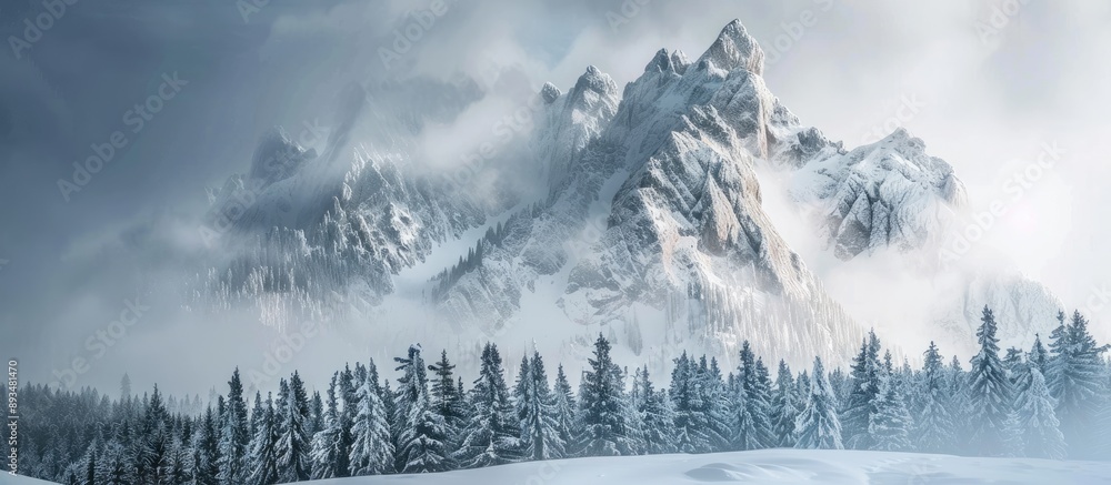 Poster winter mountain landscape featuring snow covered spruce trees on towering peaks under a cloudy sky w