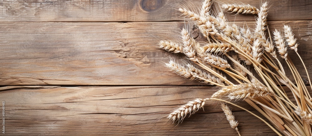 Poster bunch of wheat displayed on a wooden surface harvest theme with copy space image