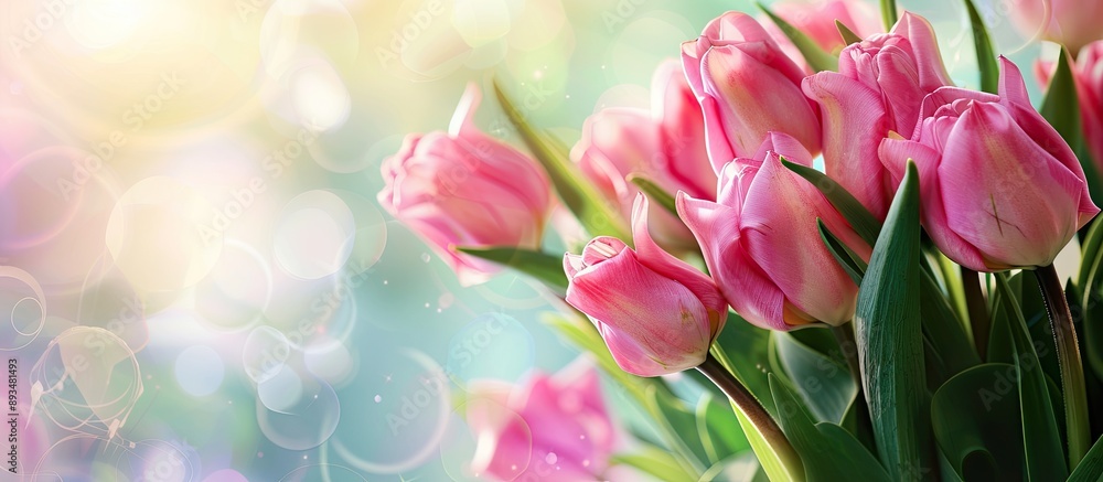 Poster soft focus copy space image with pink tulips on an isolated background illustrates a spring theme