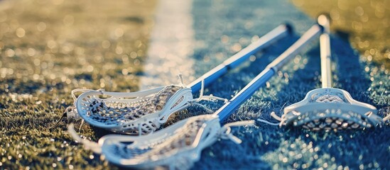 Lacrosse sticks laid out on the field with copy space image