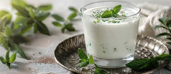 Refreshing Turkish ayran or kefir in a glass with herbs a yogurt based buttermilk blend Options include yogurt kefir ayran or lassi. copy space available