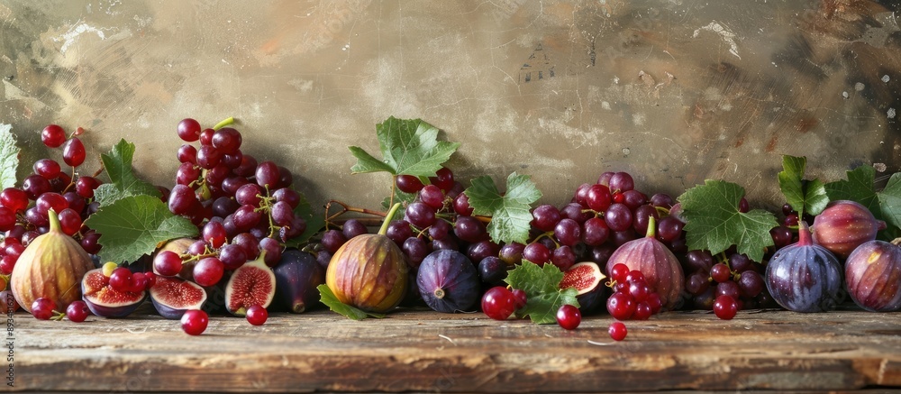 Poster autumn fruits like figs and red grapes displayed on a rustic backdrop with a large copy space image