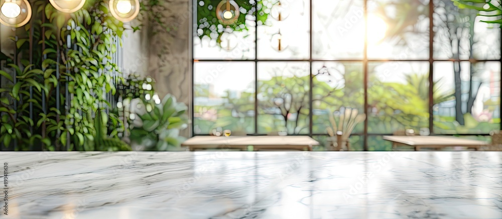 Poster white marble table with no items and a blurred glass window in a restaurant setting for showcasing p