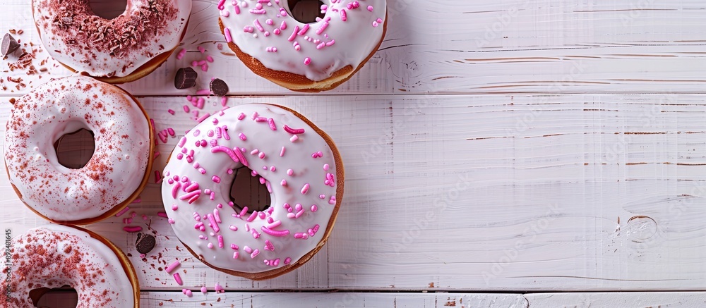Poster delicious donuts with icing and chocolate bites on a white wooden backdrop perfect for a copy space 