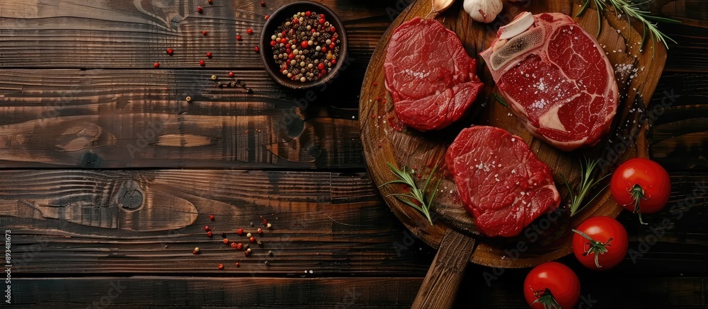 Poster A flat lay wooden table displaying fresh raw meat steaks alongside spices offering a copy space image for text